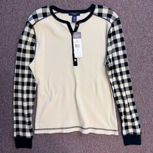 Chaps Cream Henley with Plaid Accents